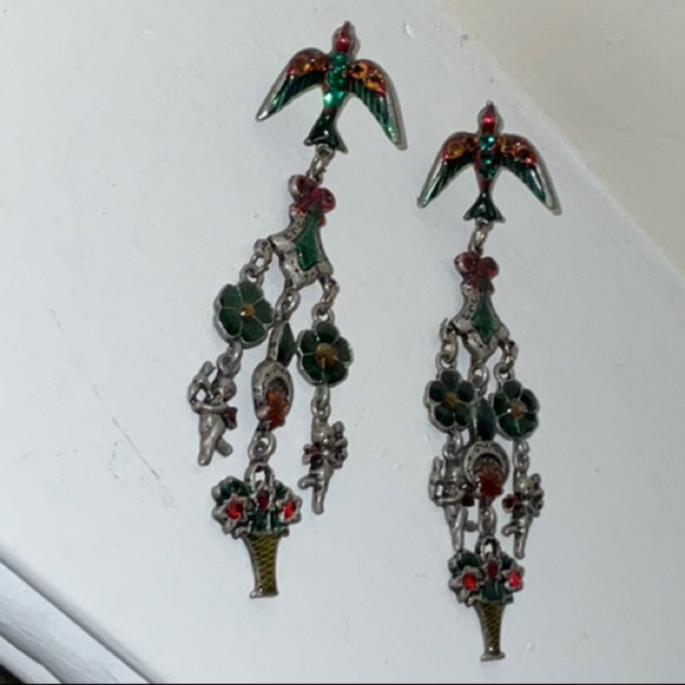 Vintage Don-Lin Chandelier Earrings Angels Enamel Rhinestone Dangle Statement - Picture 5 of 15